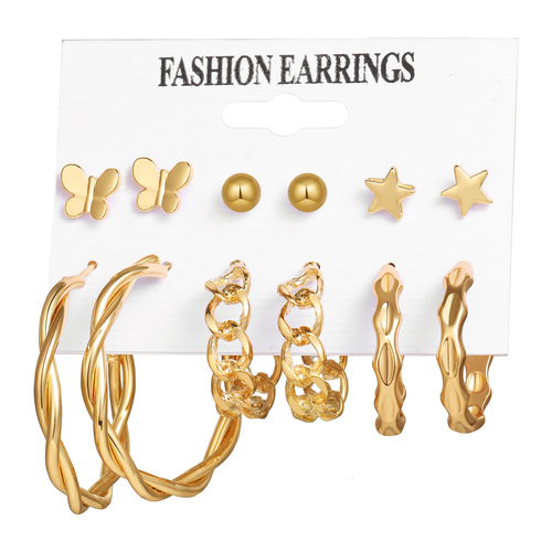 Retro gold earring set 6-piece earring set European and American cross-border French geometric inlaid pearl earrings