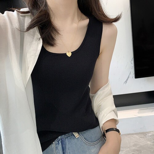 Korean-style U-shaped ribbed vest worn as an outer layer, summer ice silk layering base top for women, simple style sleeveless knitwear