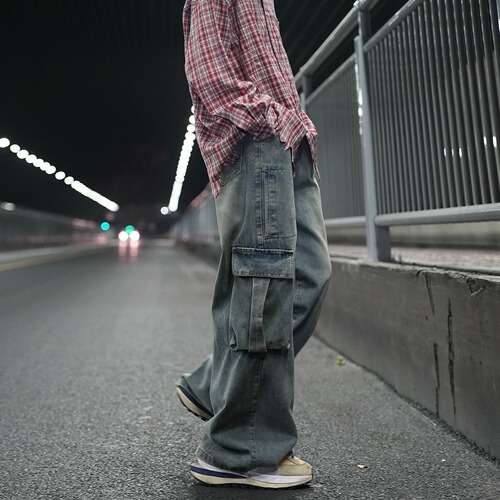 American High Street Citboy Washed Denim Men's Large Pocket Work Straight Leg Pants Spring and Autumn Trend Brand Loose Straight Leg Pants
