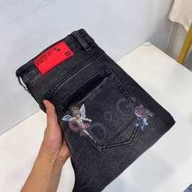 男士高端字母牛仔裤刺绣新款弹力欧货休闲潮流男长裤