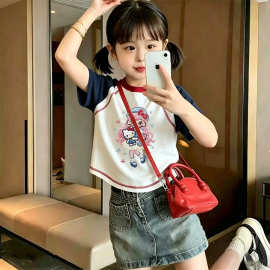 男女童韩版拼色潮流短袖T恤夏季中大童纯棉圆领明线半袖打底上衣