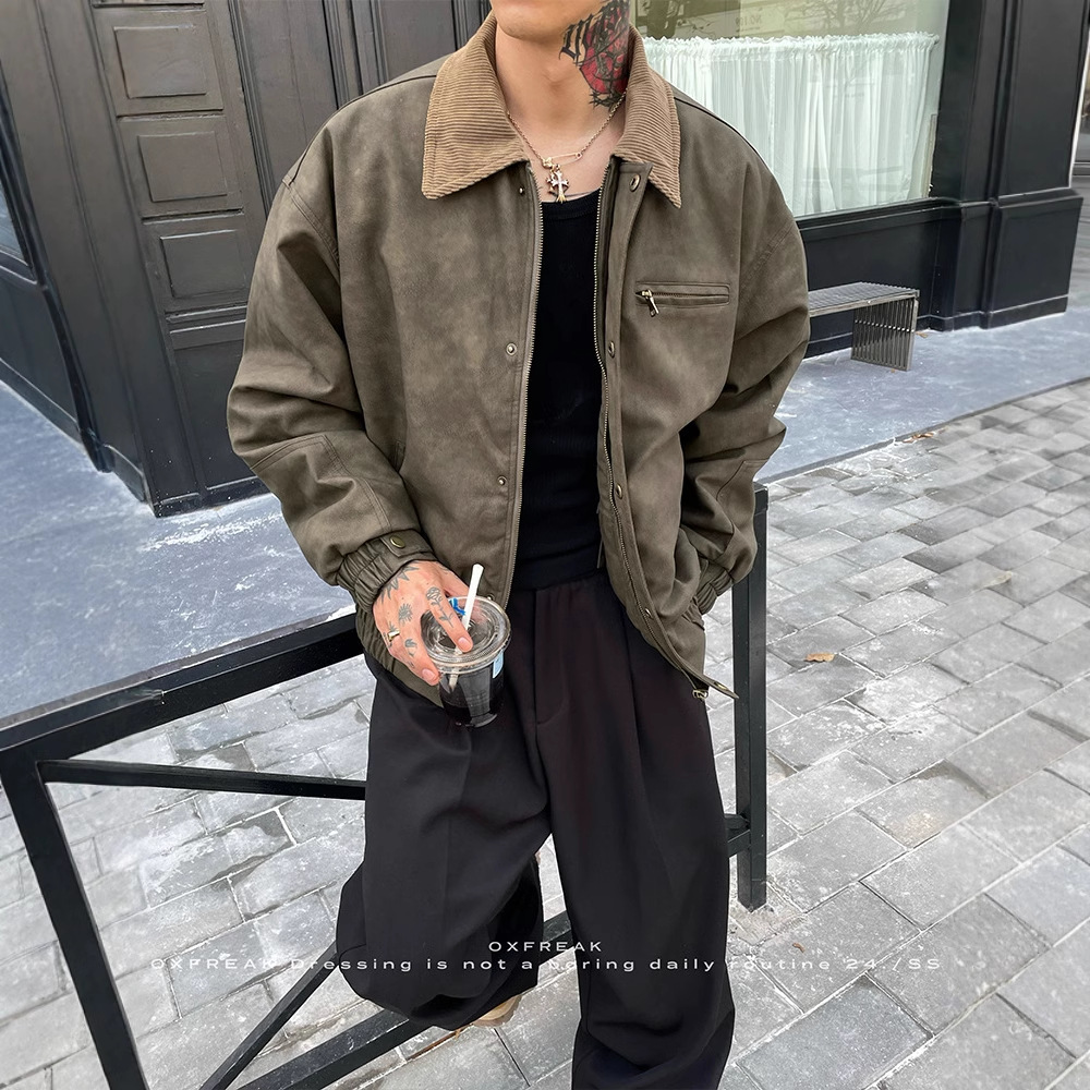机械袖压线美式复古加厚PU皮衣工装外套男秋冬季飞行员夹克上衣潮