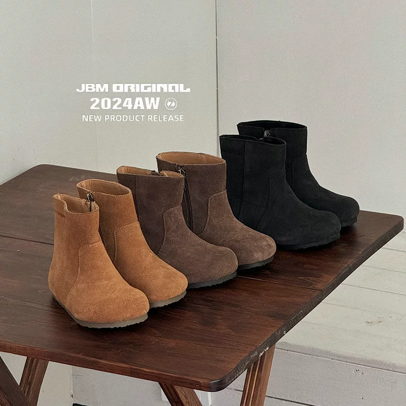 Demi-season fleece low boots, children's leather shoes, genuine leather, mid-length, internet celebrity