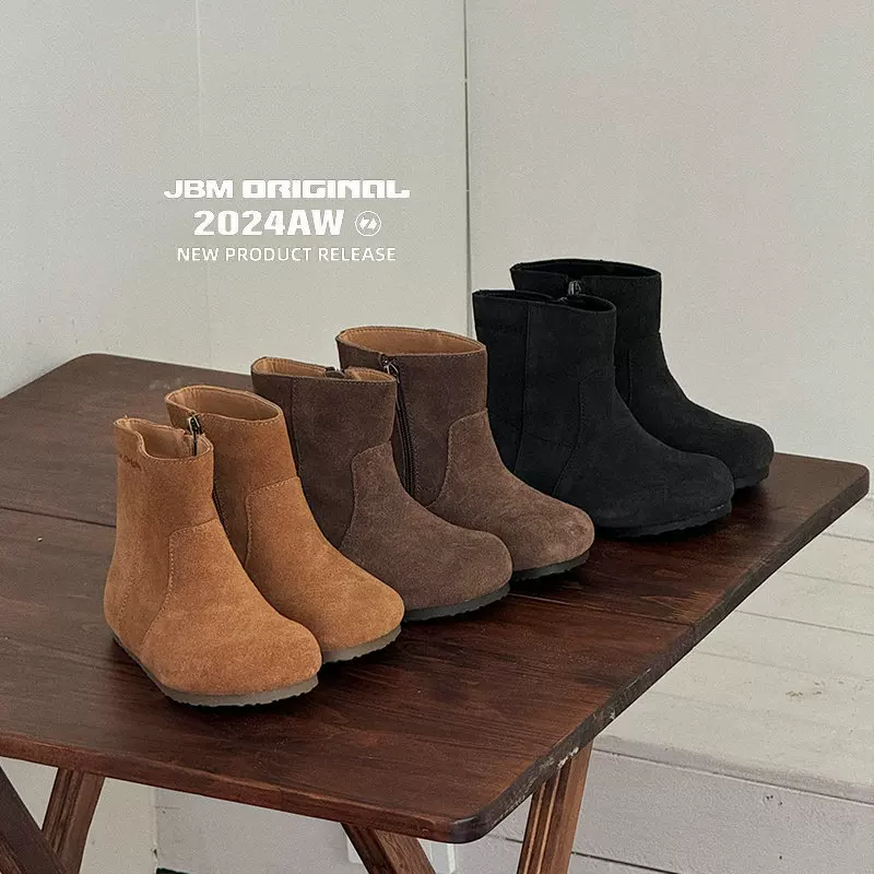 Demi-season fleece low boots, children's leather shoes, genuine leather, mid-length, internet celebrity