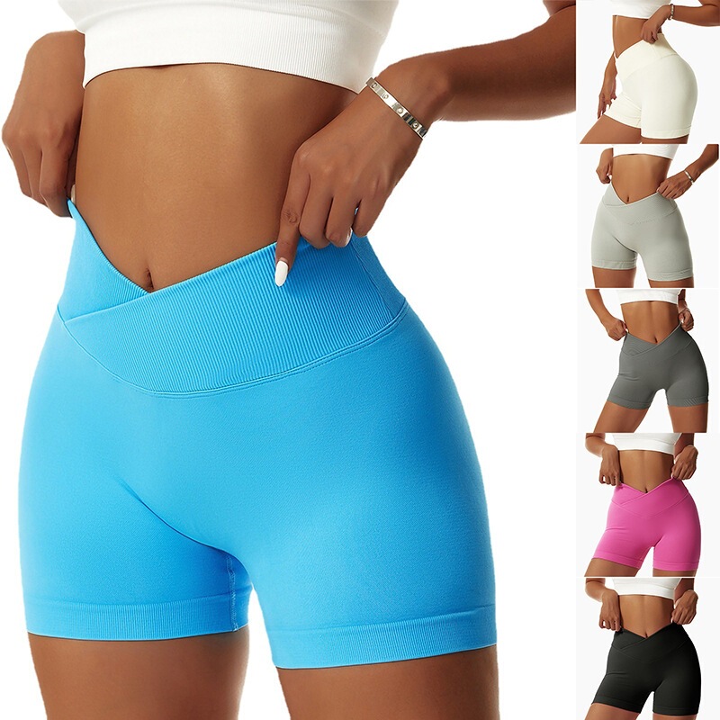 Three-Quarter Waist V-Seamless Running Shorts with Front Hip Design, High-Waisted Yoga Fitness Sports Shorts, Compression Cycling Shorts for Women