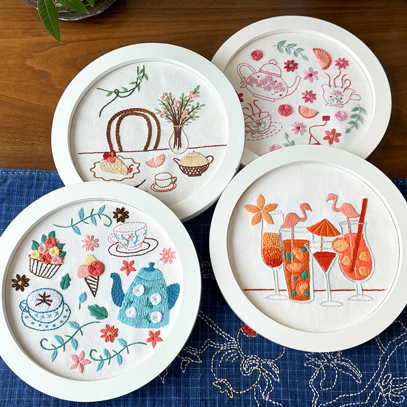 Lu bordado redondo tiempo de té de la tarde pintura colgante bordada a mano DIY material paquete de dibujos animados impresión infantil pintura colgante de pájaros