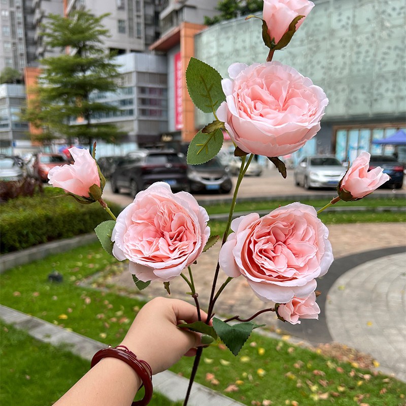 Simulación del Día de San Valentín rosa fabricante 3 sola rama multi-cabeza rosa decoración de la boda flor falsa al por mayor