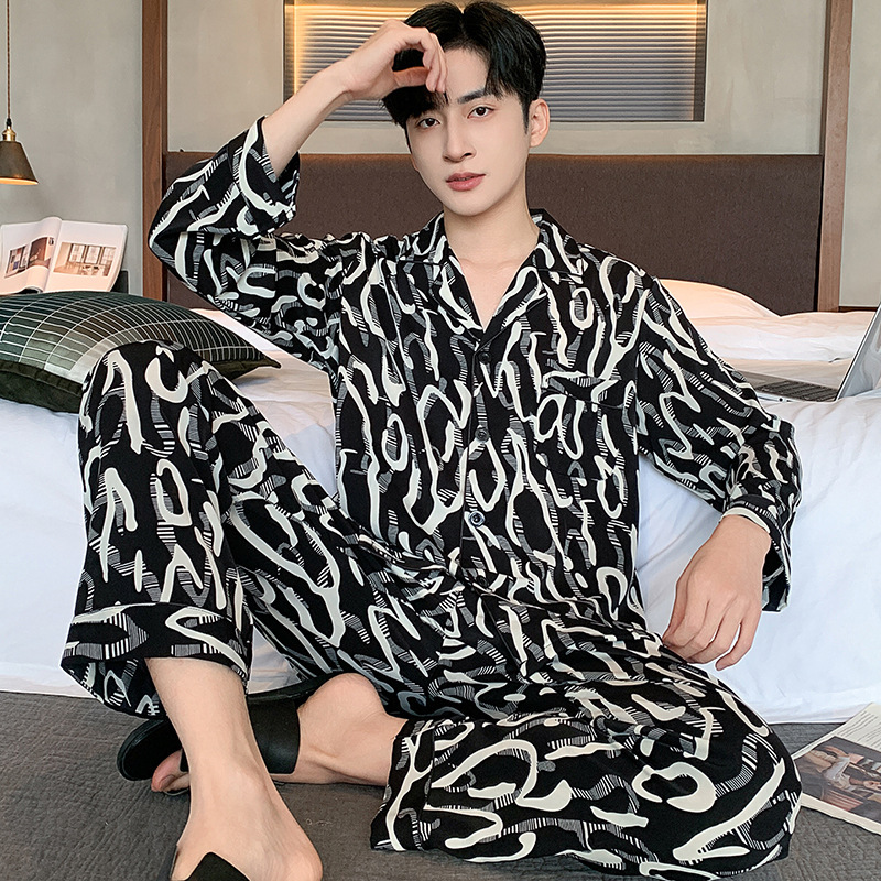 Men's Pajamas Spring and Autumn Ice Silk Long Sleeve Youth Men's Summer Imitation Silk Plus Size Home Clothes suit