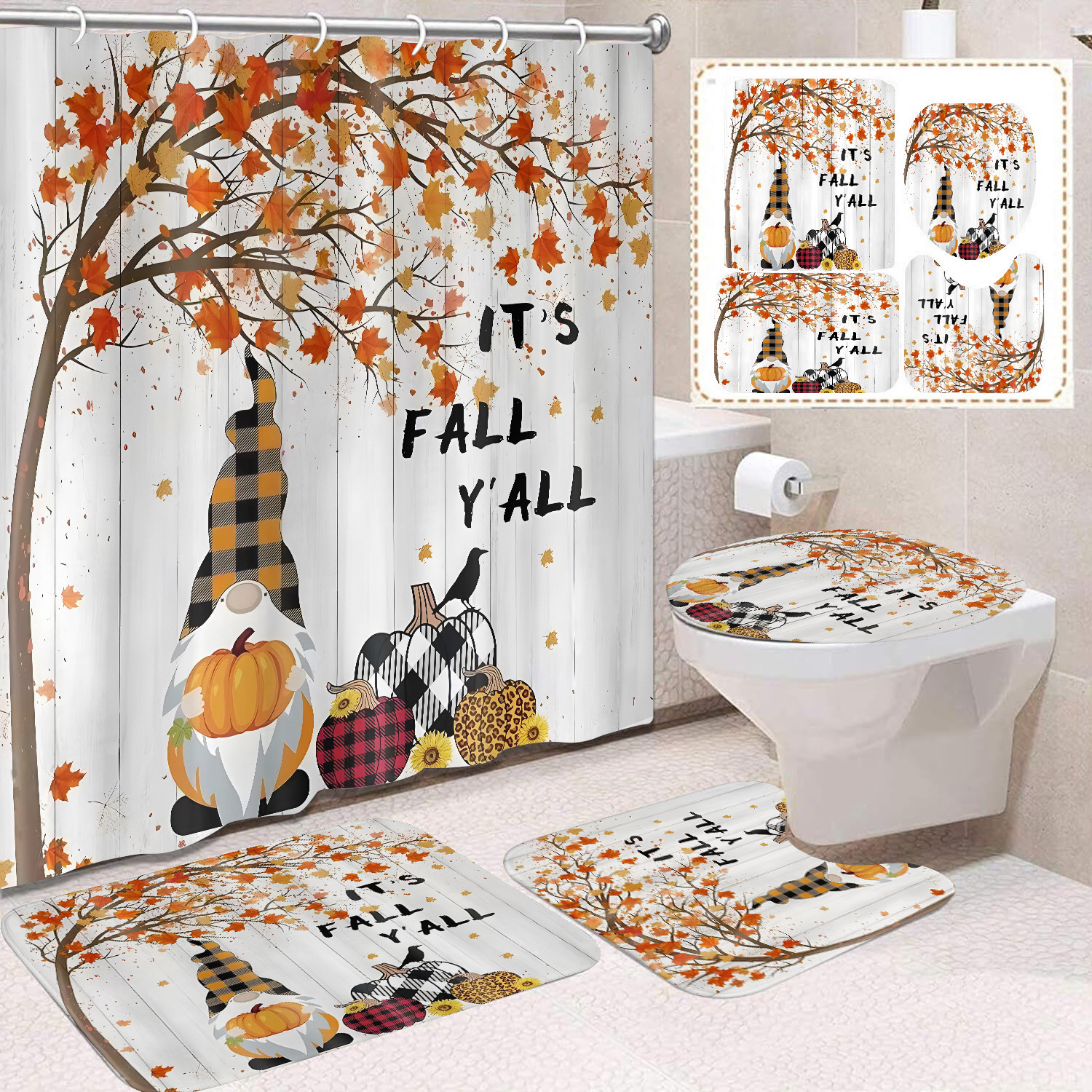 Cortina de ducha de Acción de Gracias, cosecha de otoño, serie de calabaza, cortina de ducha, cortina de baño, cortina de baño impermeable de poliéster, cortina de baño de cuatro piezas image 48