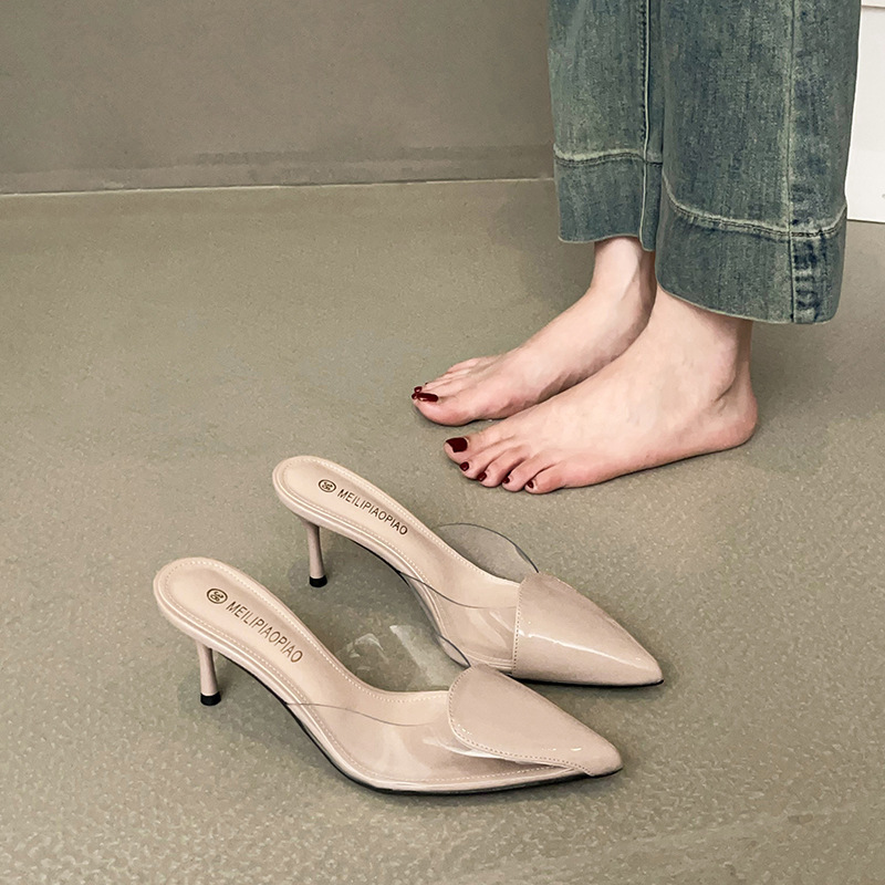 Sheepskin Version Transparent Sandals for Women Summer New Fairy Style Pointed Toe Stiletto Heels Heart-Shaped High Heels Sexy Toe-Cap Sandals