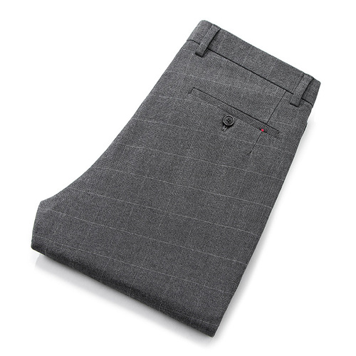 Spring and Autumn Thick-Textured Men's Casual Pants, Straight-Leg Pants for Middle-Aged Men, High-End Business Plaid Trousers, Loose Fleece-Lined Pants for Men