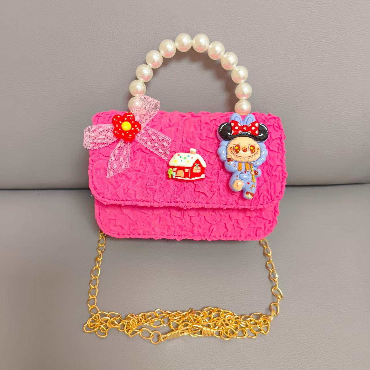 Bolso de perlas de arco de dibujos animados de Año Nuevo de chicas bolso de Año Nuevo de cadenas de viento fragante bolso cuadrado bolso de cambio de niños