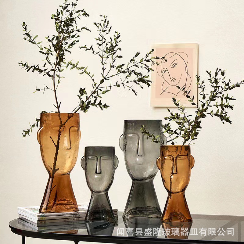 北歐藝術感創意人臉玻璃花瓶樣板間插花飾品家居擺件客廳裝飾批發