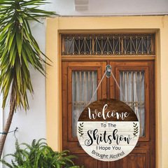 跨境趣味標語歡迎木質懸掛裝飾門牌UV印刷30cm圓形木質工藝品