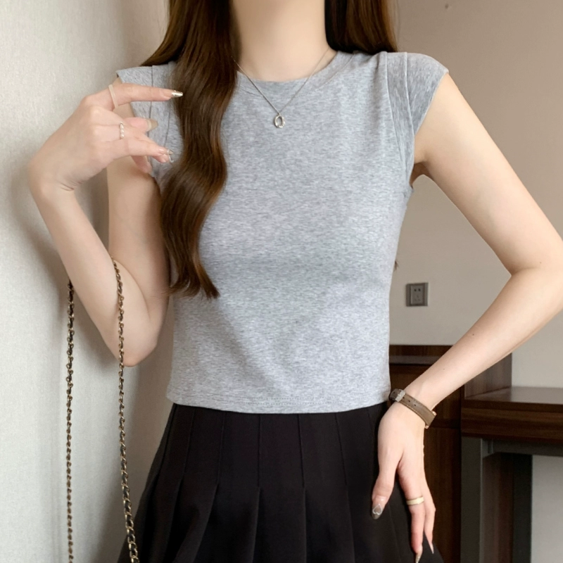 Корейский стиль ins миниатюрная короткая футболка без рукавов с круглым вырезом и высокой талией для женщин, летняя модная майка без рукавов
