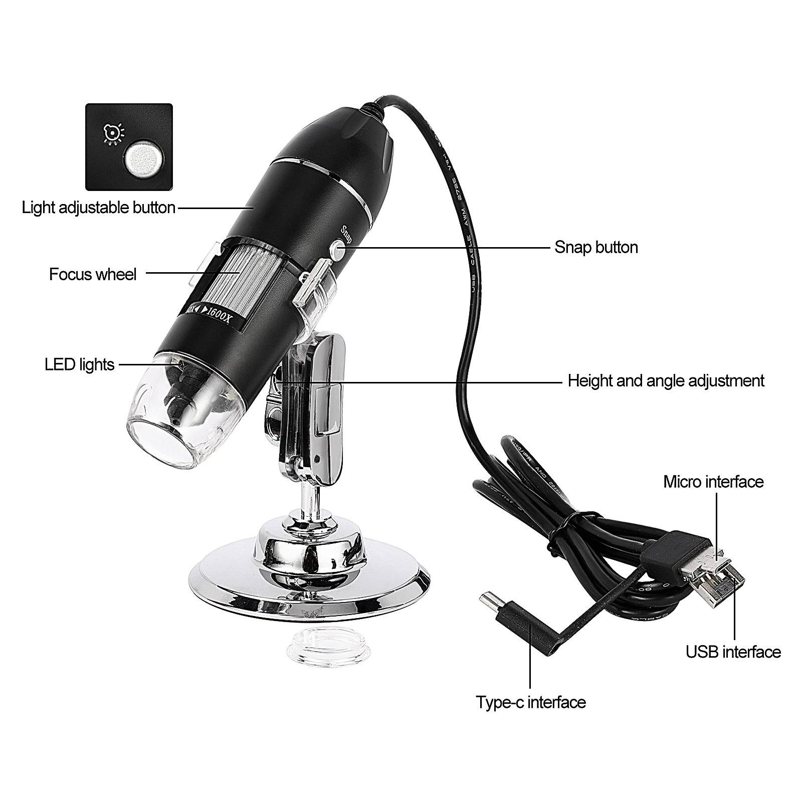 Интерфейс USB/Android/Type-C «Три в одном» Электронный микроскоп 1600x Цифровой инструмент для ремонта увеличительного стекла