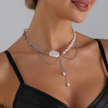 欧美跨境饰品性感流苏扁平风项链时尚链条珍珠拼接风小众necklace