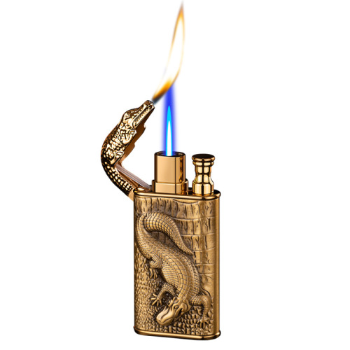 New double flame crocodile head gas lighter metal three-dimensional relief direct conversion open flame lighter wholesale