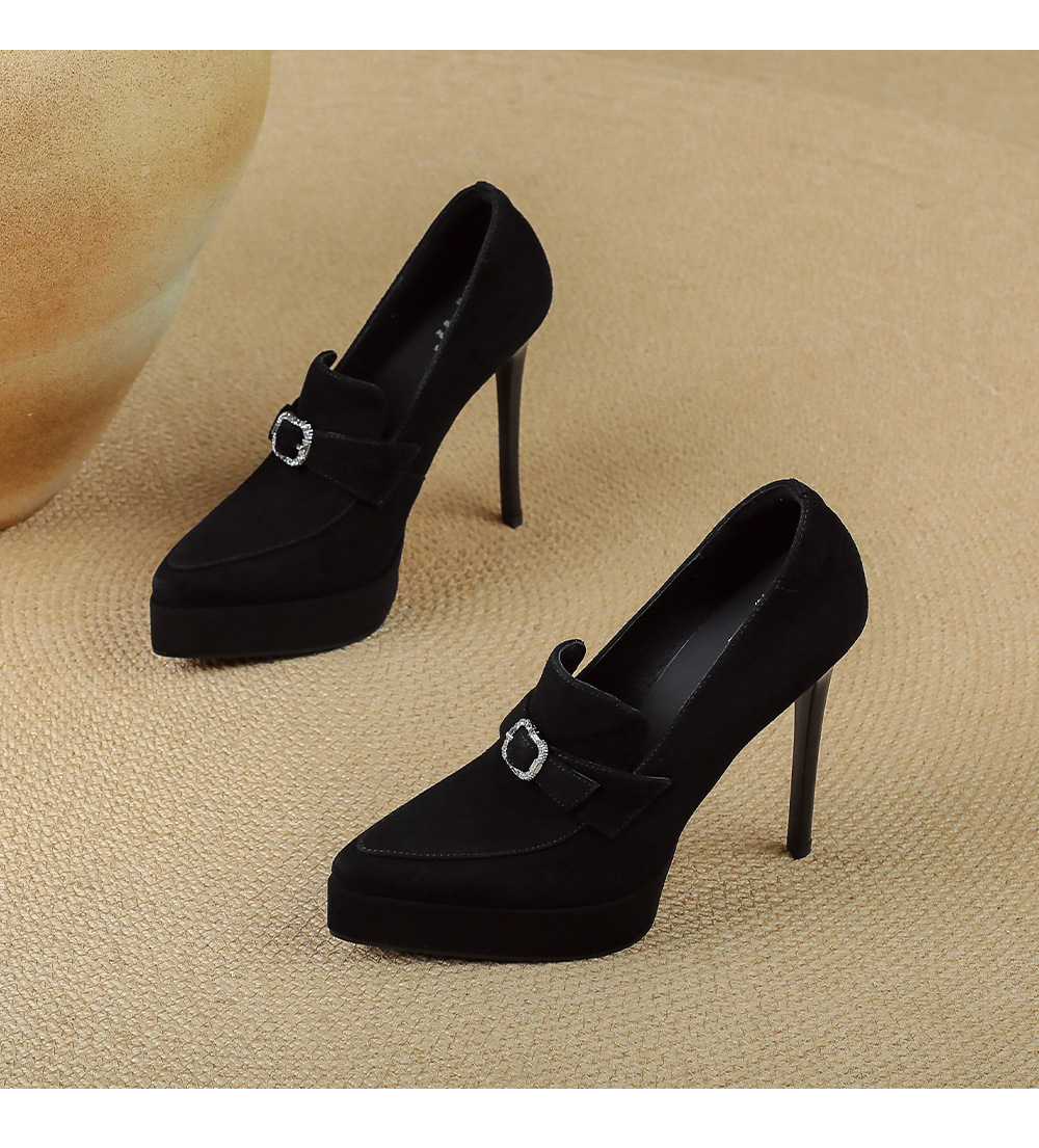 Giày cao gót nữ mũi nhọn gót siêu cao 12 cm đế dày da thật — Đen mờ, Da đen chi tiết 16