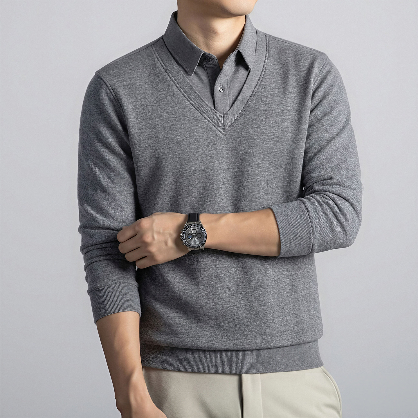 Autumn and winter 400g thickened men's shirt-collar faux two-piece wool sweater, warm business casual sweater for middle-aged men