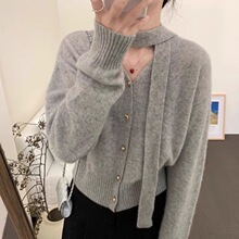 春季新款韩系飘带挂脖慵懒风穿搭毛衣女外套温柔别致红色针织开衫