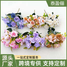 跨境欧秋玫瑰假花仿真花手工人造花束装饰品家居酒柜摆件婚庆布置