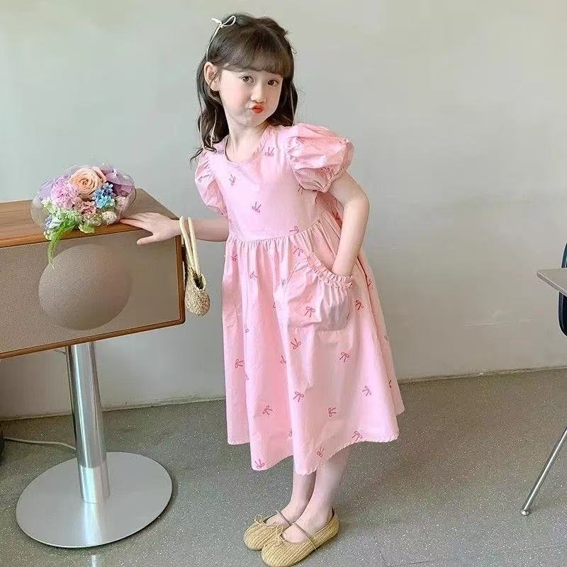 Girls Summer 2025 New Bow dress Stylish Large Children's Skirt Little Girls Puff Sleeve Princess Skirt