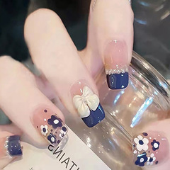 Large butterfly bow drill deep sea blue whitening gentle style nail art wearable nails detachable nail sets wholesale