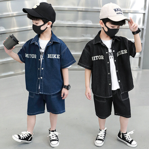 Boys' embroidered letter denim suit  summer clothing children's trendy brand handsome two-piece set foreign trade children's clothing for small and medium-sized children