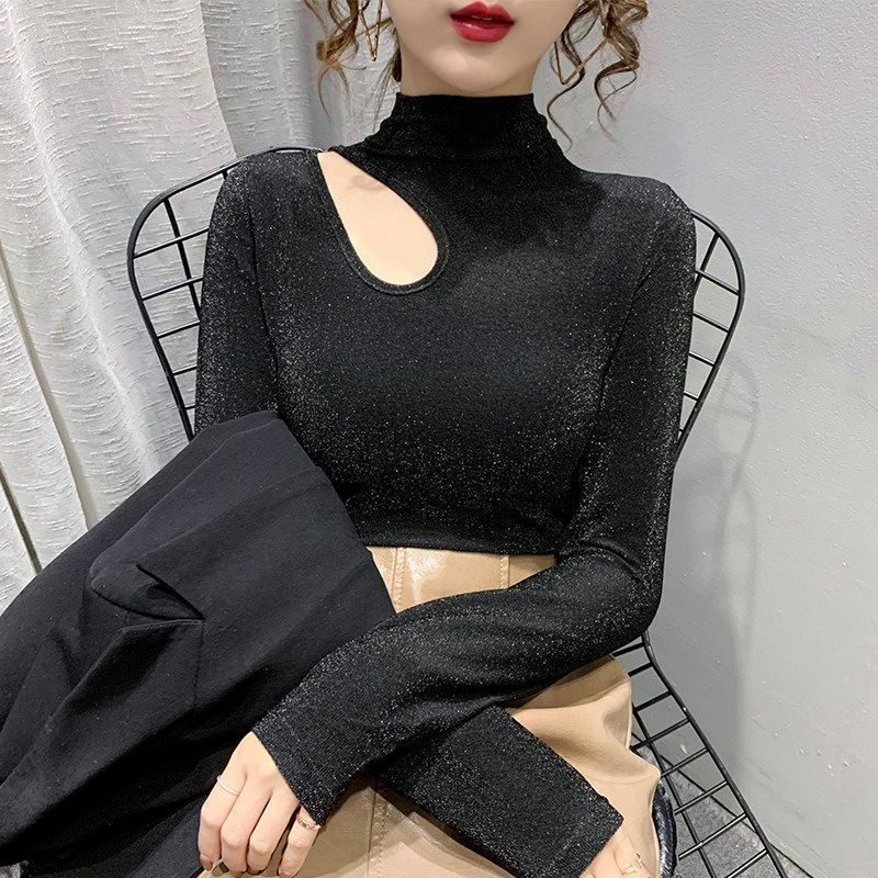 Glitter Yarn Semi-high Collar Masty Hollow Long-sleeved T-shirt Base Shirt Women's 2022 Spring New Stylike Inner Top