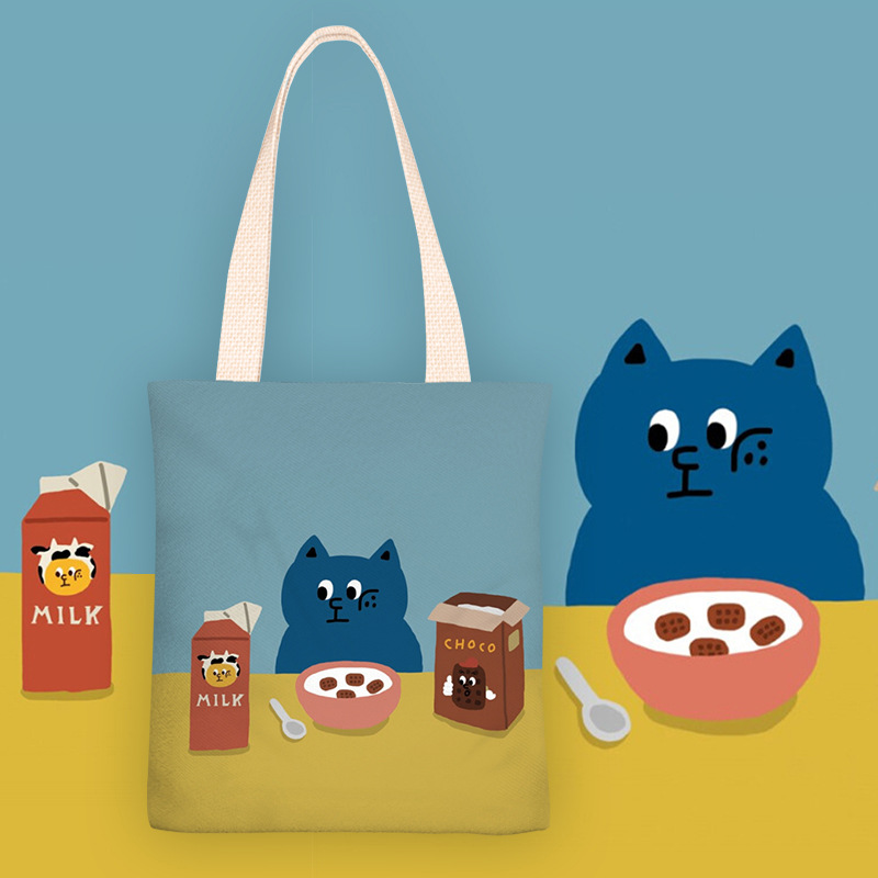 新款个性卡通猫咪的午餐学生帆布包单肩手提袋购物袋大容量包包