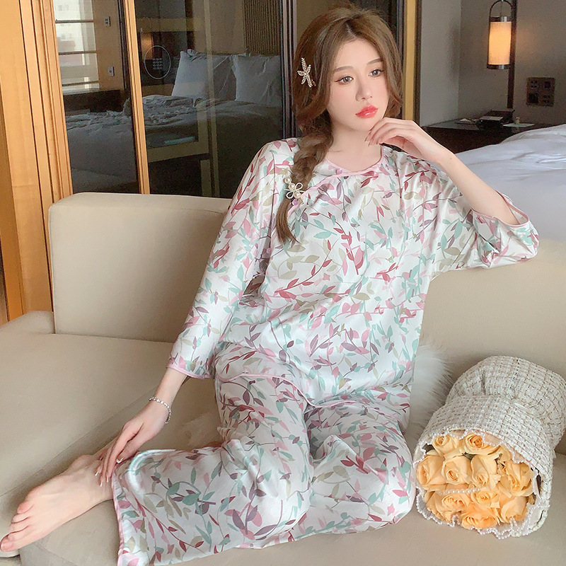 (2개) 봄과 가을 고급 잠옷 여성용 카디건 더블 길이 투피스 세트 달콤한 인쇄 가능한 의상 캐주얼 홈 의류