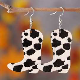TEMU热卖西部牛仔奶牛纹靴子耳环双面木质耳坠个性耳饰饰品