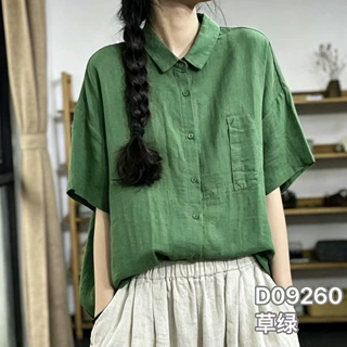 宽松大码翻领纯棉衬衣女宽松翻领短袖显瘦百搭双层棉纱衬衫女装上
