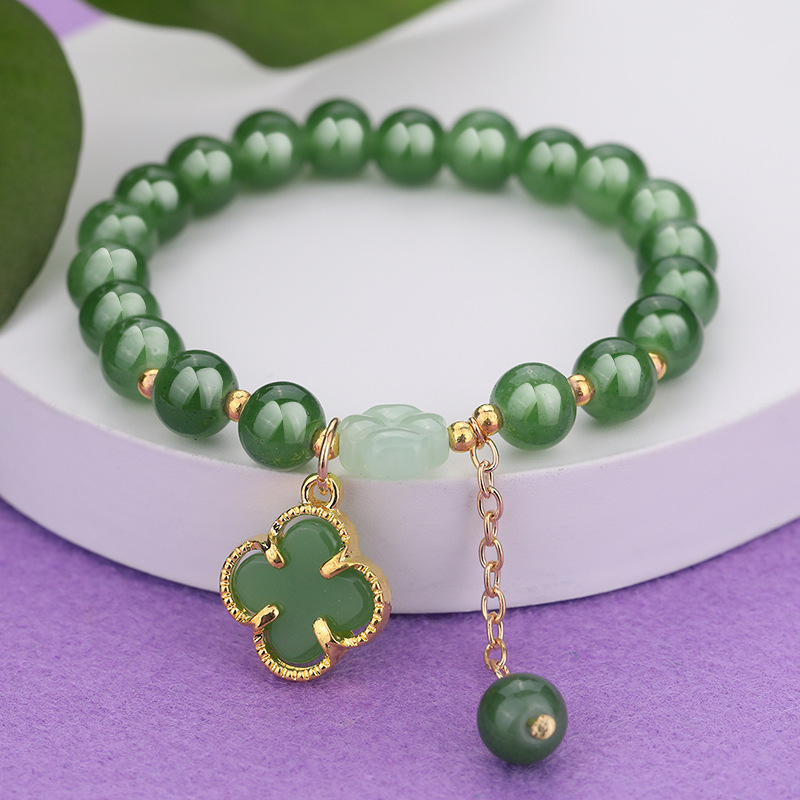 S048-Pulsera de cuentas de jade Donglin con trébol de cuatro hojas verde#tamaño 356
