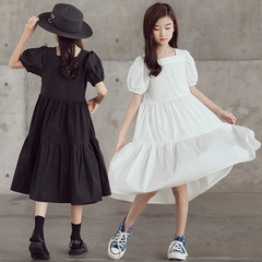 2022年新款夏季甜美泡泡袖女中大童中長款黑白沙灘裙親子裝連衣裙