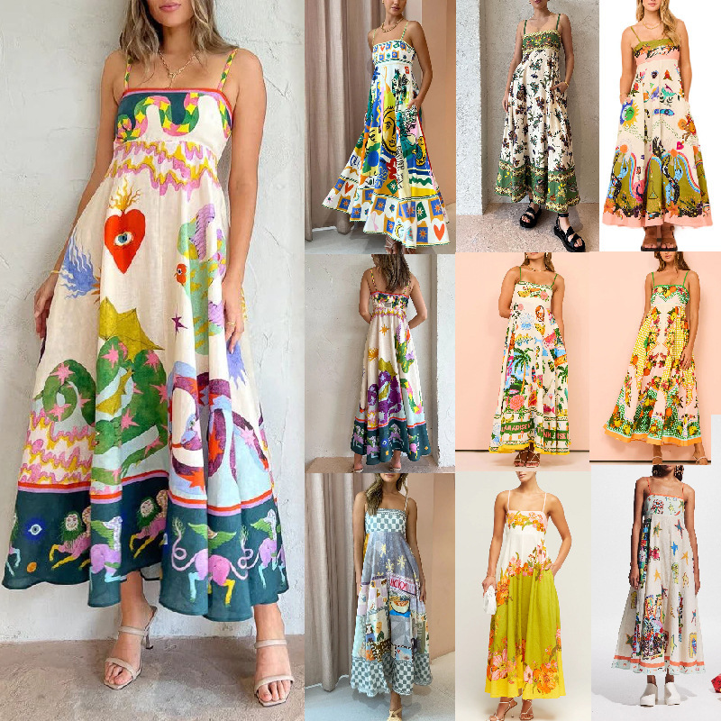 2026 New Casual Long Dress for Women, Cross-Border Independent E-Commerce Platform, Printed Linen Dress with Straps, Available in 9 Colors, Large Hem Dress 2026 New Casual Long Dress for Women, Cross-Border Independent E-Commerce Platform, Printed Linen Dress with Straps, Available in 9 Colors, Large Hem Dress