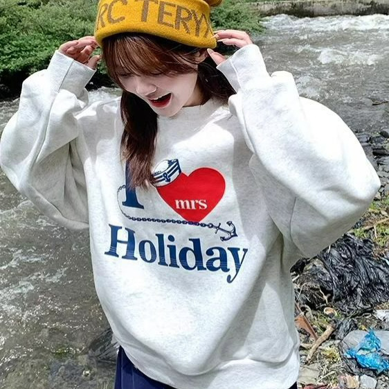 美式复古爱心印花圆领卫衣女秋冬季宽松慵懒风设计感小众遮肉上衣|undefined