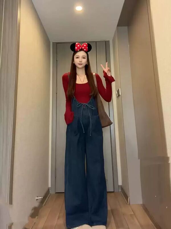 Maternity Drawstring Strap Reversible Denim Overalls Women's Spring and Summer Red Bell Sleeve Top Wide Leg Pants Two-Piece Set