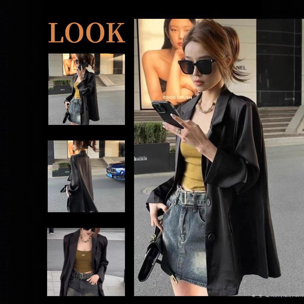 High-End Black Small Suit Loose Long-Sleeved Top Thin 2025 Spring & Fall New Accessible Luxury Acetate Suit Jacket