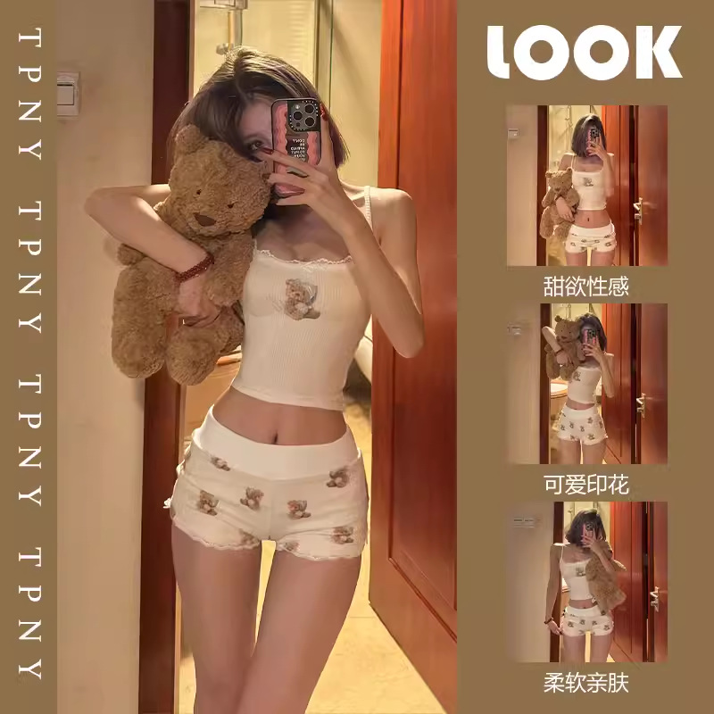 Girls Pure Desire Windy Bear Sling Pajamas Women with Chest Pad Summer Slim-fit Sexy Vest Shorts Home Clothes suit