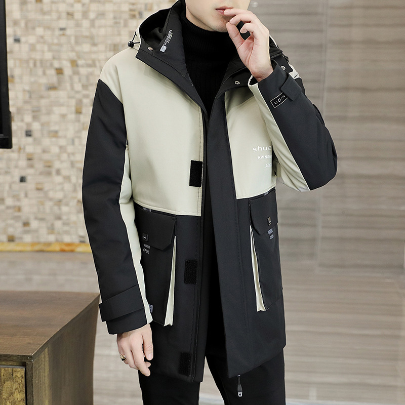 Abrigo juvenil de los hombres con capucha de longitud media más el tamaño de los hombres guapos chaqueta acolchada de algodón de invierno chaqueta acolchada de moda costura de moda engrosada