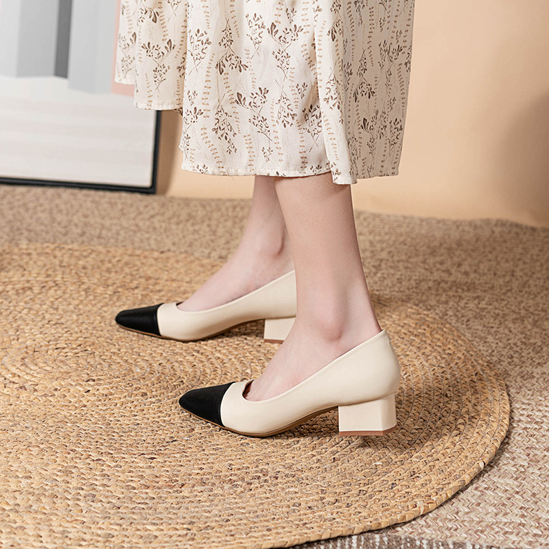 Net rote Schaffell-Ledernähte flacher Mund Einzelschuhe Damen 2023 Frühjahr neue quadratische Zehen dicker Absatz Damenschuhe weiches Leder High Heels_voghion.com