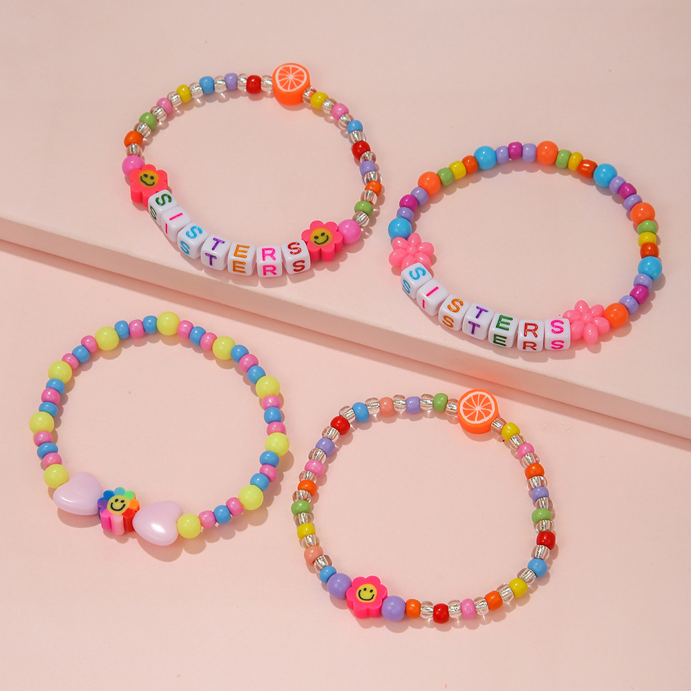 Sweet Letter Heart Shape Flower Plastic soft clay Beaded Handmade Kidu0027S Bracelets 1 Set