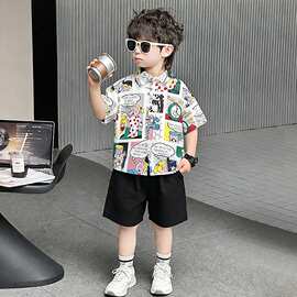 男童夏装卡通印花衬衫短裤套装2026新款帅气儿童夏天薄款潮童装夏