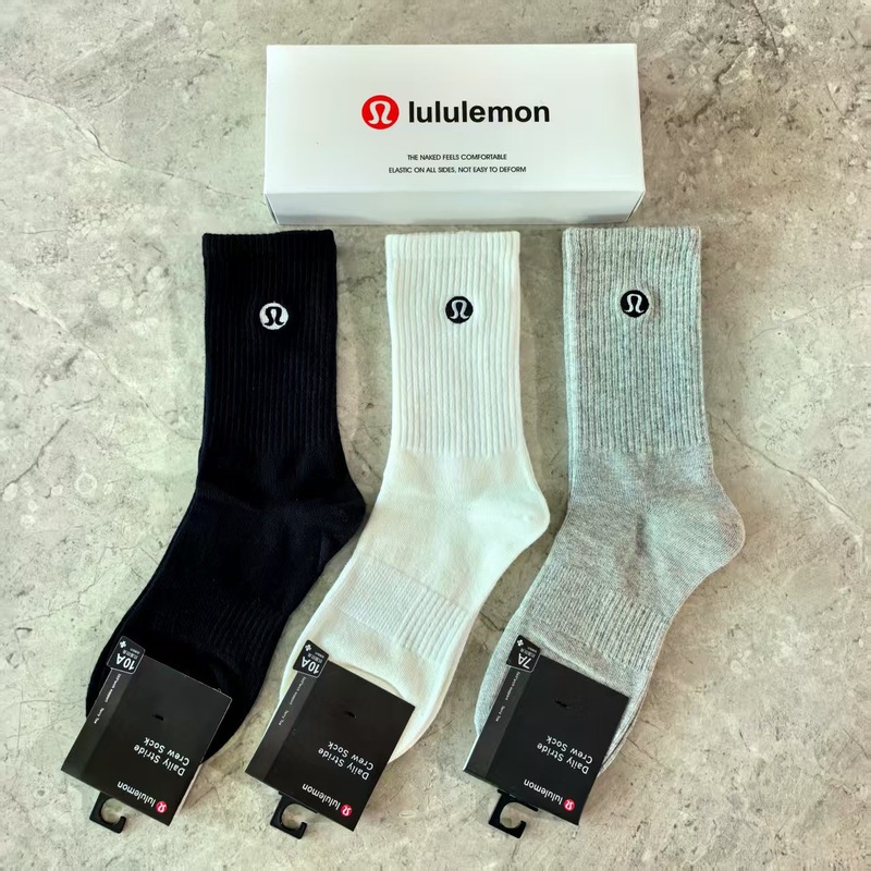新款lulu露露精梳棉刺绣标两道杠男女情侣款运动袜跑步礼盒装潮袜|undefined