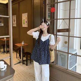 微胖大码女装碎花拼接假两件衬衣夏季吊带款藏肉温柔风上衣