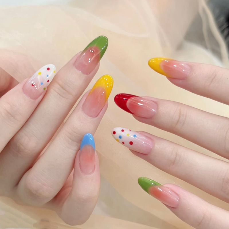 【Sweet French Style】Purely Handmade Rainbow High-End Whitening Wearable Nails Elegant Handmade Nail Art