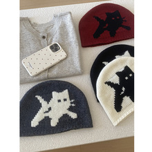 25秋冬高品质羊毛套头帽女韩国卡通小猫男女同款针织毛线包头冷帽