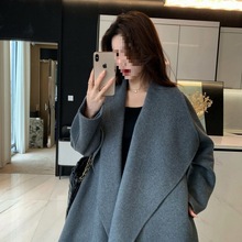灰色双面呢子大衣女2024冬季新款赫本风中长款小个子结婚毛呢外套